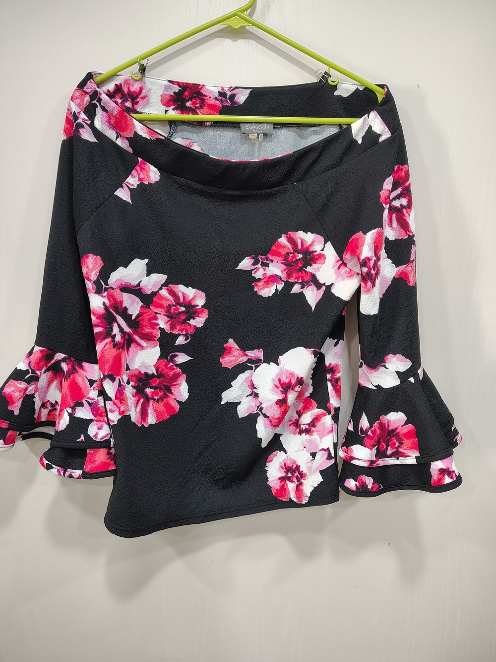 Essentials Black Floral Off-Shoulder Ruffle-Sleeve Blouse